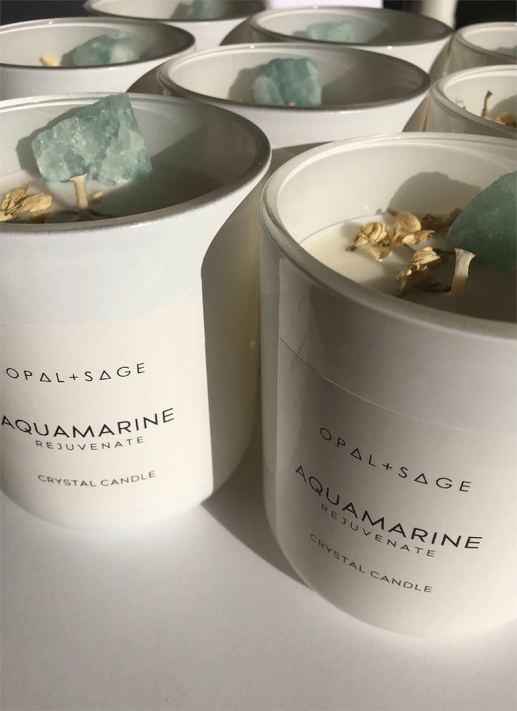 Opal + Sage Aquamarine Crystal Candle | Large